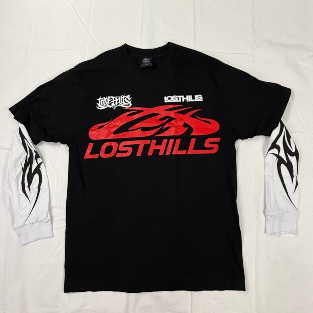 Lost Hills Mens Black Red Tribal Graphic Double Sleeve Layered T-Shirt Large